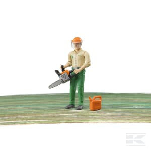 The Forestry worker with accessories - U60030 by Bruder features a small plastic toy figurine of a person in protective gear holding a chainsaw, with an orange fuel can placed on the ground nearby. This 1:16 scale model is suitable for ages 4 and up.