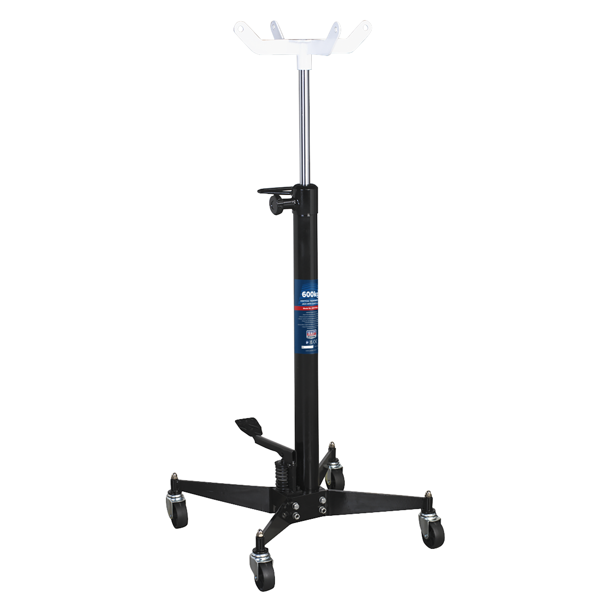 The Sealey Transmission Jack 600kg Vertical Quick Lift - 600TRQ is designed with a black base, caster wheels, a silver support arm, and features single foot pedal operation for convenient use.