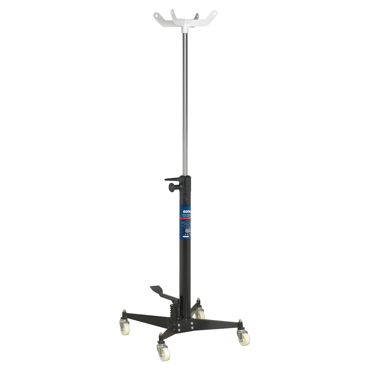 The Sealey Transmission Jack 600kg Vertical Quick Lift - 600TRQ features a hydraulic unit and single foot pedal operation, mounted on a wheeled base for mobility and stability.