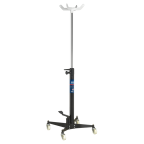 The Sealey Transmission Jack 600kg Vertical Quick Lift - 600TRQ features a hydraulic unit and single foot pedal operation, mounted on a wheeled base for mobility and stability.