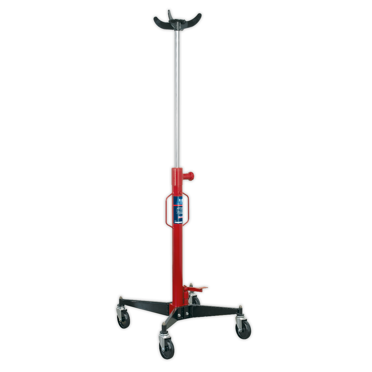 The Sealey Transmission Jack 600kg Vertical - 600TR is a robust red jack equipped with a height adjustment knob, four wheels for smooth manoeuvrability, and two hooks for secure placement of items.