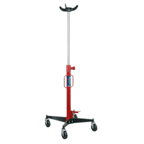 The Sealey Transmission Jack 600kg Vertical - 600TR is a robust red jack equipped with a height adjustment knob, four wheels for smooth manoeuvrability, and two hooks for secure placement of items.
