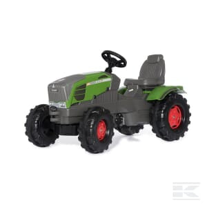 A Fendt 211 Vario pedal tractor by Rolly Toys for children, featuring vibrant red wheels, a sleek black steering wheel, and a green and gray color scheme.