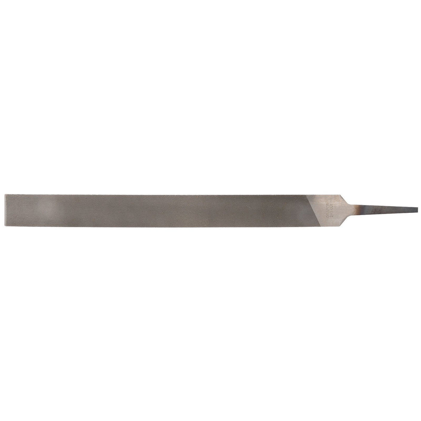 The Draper Second Cut Hand File, 12 X 250mm - HF/2, made from durable carbon chrome steel with a tapered tang and often featuring a rust preventative finish, is typically used for smoothing and shaping metal or wood surfaces.