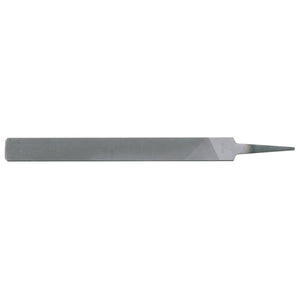 The Draper Smooth Cut Hand File, 12 X 150mm - HF/3 is a flat metal file with a tapered end, crafted from carbon chrome steel, designed for smoothing and shaping surfaces.