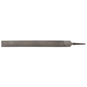 The Draper Smooth Cut Hand File, 6 X 300mm - HF/3, is a flat metal file with a tapered end, crafted from hardened and tempered carbon chrome steel, ideal for shaping materials.