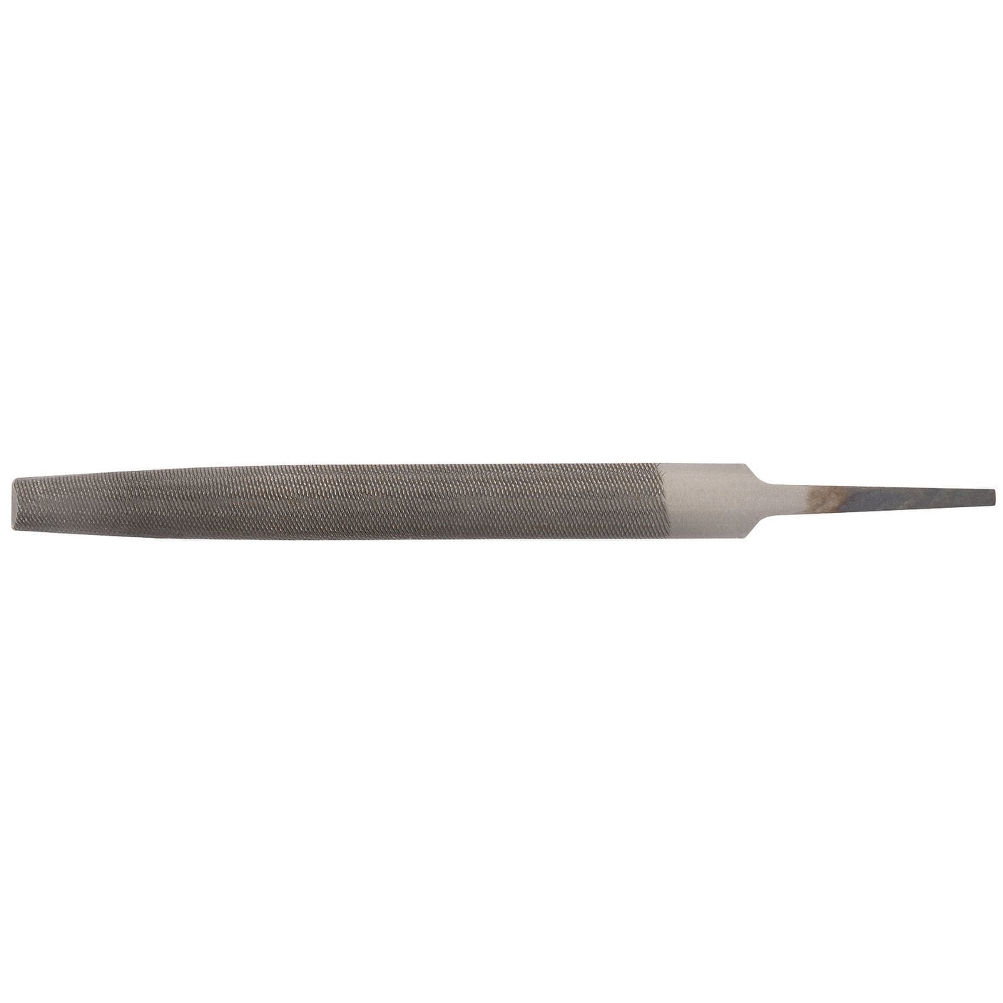 The Draper Bastard Cut Half Round File, 12 X 150mm - HRF/1 is a flat, carbon chrome steel hand file with a tapered tang. It's used for smoothing or shaping materials and features a textured surface for abrasion as well as a rust preventative finish, conforming to BS498 standards.