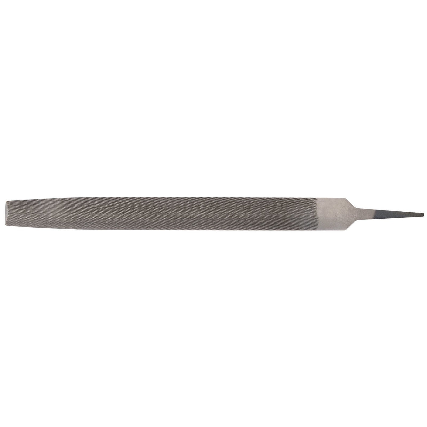 The Draper Second Cut Half Round File, 6 X 300mm - HRF/2 is a flat metal file with a tapered point and rough texture, made from durable carbon chrome steel and featuring a rust preventative finish, ideal for smoothing or shaping materials.