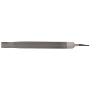 The Draper Second Cut Half Round File, 6 X 300mm - HRF/2 is a flat metal file with a tapered point and rough texture, made from durable carbon chrome steel and featuring a rust preventative finish, ideal for smoothing or shaping materials.