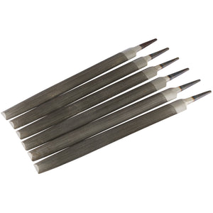 Six Draper Smooth Cut Half Round Files, measuring 6 x 300mm (HRF/3), crafted from carbon chrome steel and arranged in parallel, each with a tapered end and smooth surfaces for precise filing purposes.