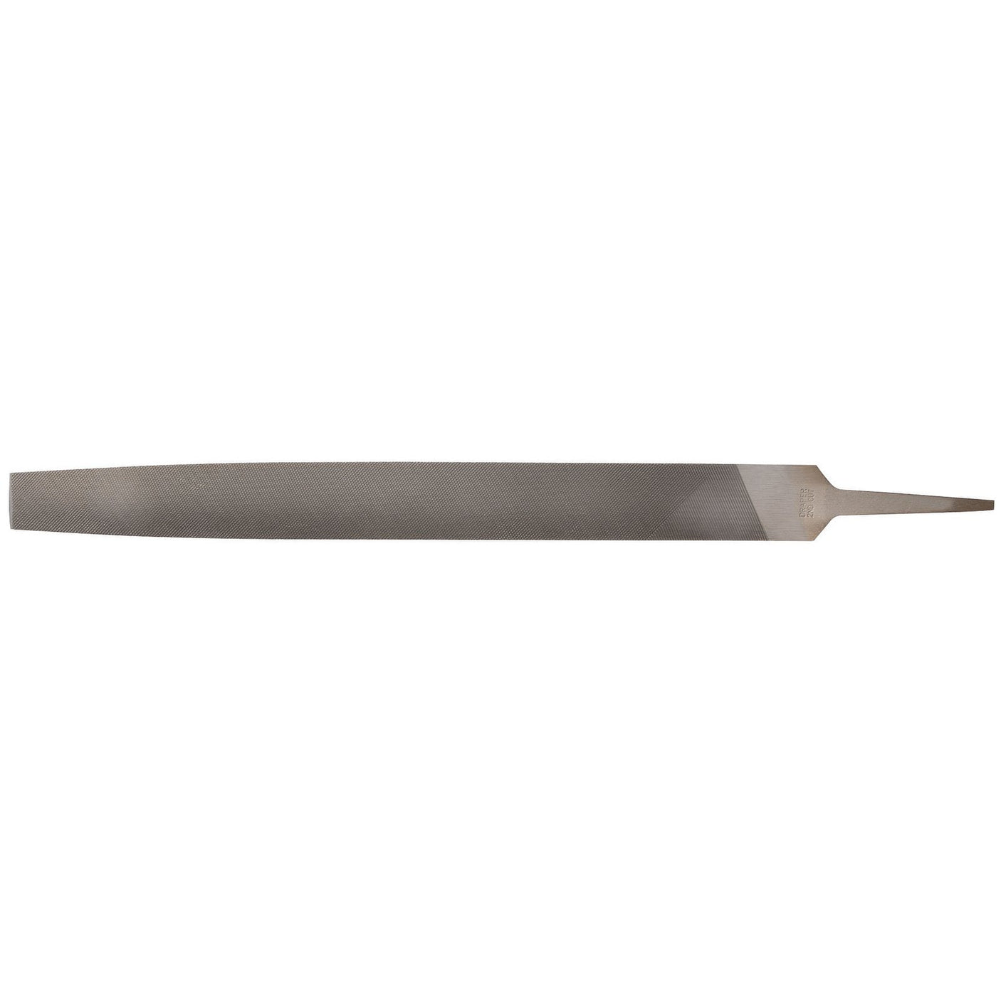 The Draper Second Cut Flat File, 6 X 300mm - FF/2 from Draper is a metal hand file with a flat, rectangular shape and a tapered tang end, made from durable carbon chrome steel and featuring a rust-preventative finish, ideal for smoothing rough edges or surfaces.