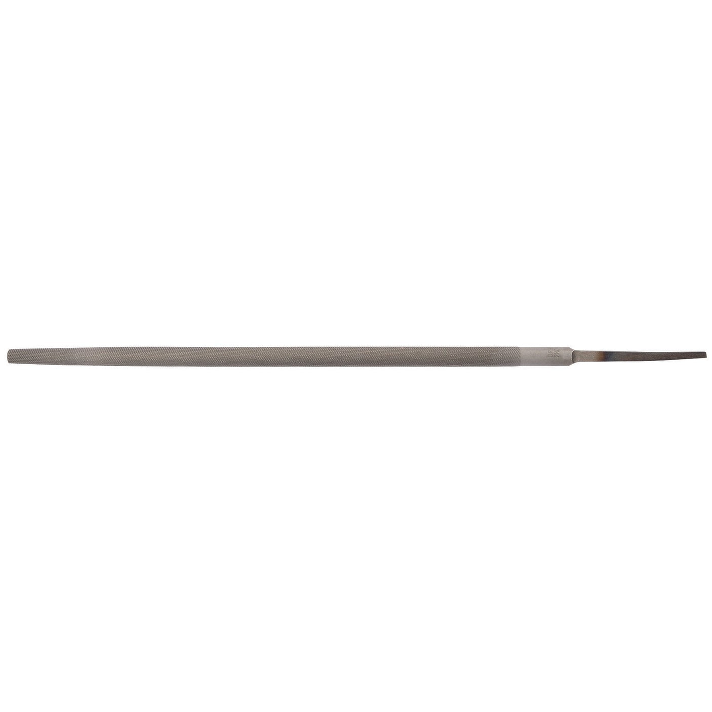 The Draper Second Cut Round File, 12 X 250mm - RF/2, is a slender metal tool featuring a rough-textured grip and a tapered end, crafted from durable carbon chrome steel for precision filing tasks.