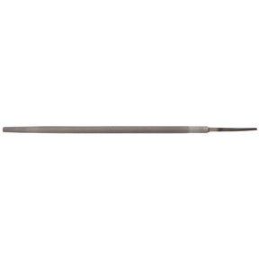 The Draper Second Cut Round File, 12 X 250mm - RF/2, is a slender metal tool featuring a rough-textured grip and a tapered end, crafted from durable carbon chrome steel for precision filing tasks.