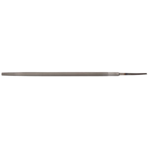 The Draper Second Cut Round File, 12 X 250mm - RF/2, is a slender metal tool featuring a rough-textured grip and a tapered end, crafted from durable carbon chrome steel for precision filing tasks.