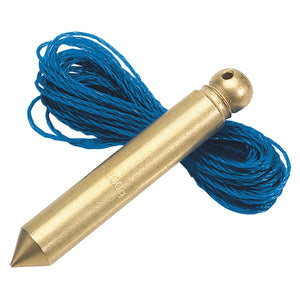 Image features a display packed Draper Solid Brass Plumb Bob with Nylon Line, 100g, 5m - 5188A, crafted from precision machined solid brass with a pointed tip and includes a coiled blue nylon line.