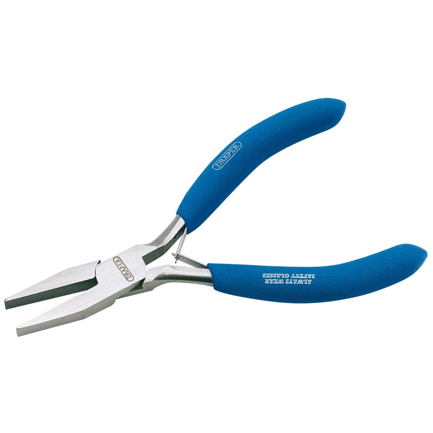 A pair of Draper Carbon Steel Flat Nose Pliers, 125mm - 38A, featuring blue rubber-coated handles and hardened stainless steel jaws.