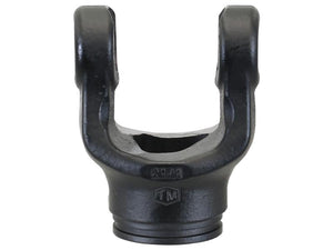 The Sparex PTO Tube Yoke, a black metal yoke featuring a triangular profile (36 x 36 x 3.4mm), has a circular base and two prongs with rounded tips, displaying the embossed markings "21J1" and "TM." It is designed to fit Italian Series AB2/A2 Universal Joint dimensions with a U/J size of 23.8 x 61.2mm (Ref: 12505).