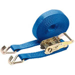 This Draper Ratchet Tie Down Strap, 8M X 35mm, 1000Kg - RTDS/8M1T/HB is a blue strap made of durable polyester webbing with strong steel hooks on both ends and a reliable ratcheting mechanism.