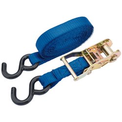 The Draper Ratcheting Tie Down Strap, model RTDS075B, measures 4.5 meters by 25 millimeters and has a load capacity of 750kg. This blue strap is made from durable polyester webbing and features metal S hooks at each end, making it ideal for securing cargo.