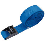 The Draper Tie Down Strap, 4M X 25mm, 60Kg - TDS/B, features a coiled blue ratchet strap with a black cam locking buckle, crafted from high-quality polyester webbing.