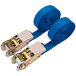 Two Draper Ratcheting Tie Down Straps, 4.5M X 25mm, 400Kg (2 Piece) – RTDS400B2/B, with metal buckles and made from durable polyester webbing, rolled up side by side. Perfect for binding loads securely and ensuring safety with their high breaking strain.