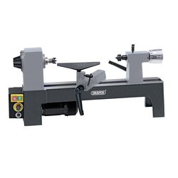 The Draper Variable Speed Mini Wood Lathe, 250W - WTL330A, features a modern control panel, variable speeds, work-rest support, spindle, and tailstock. The cast iron bed ensures stability, making it perfect for small-scale woodworking projects.