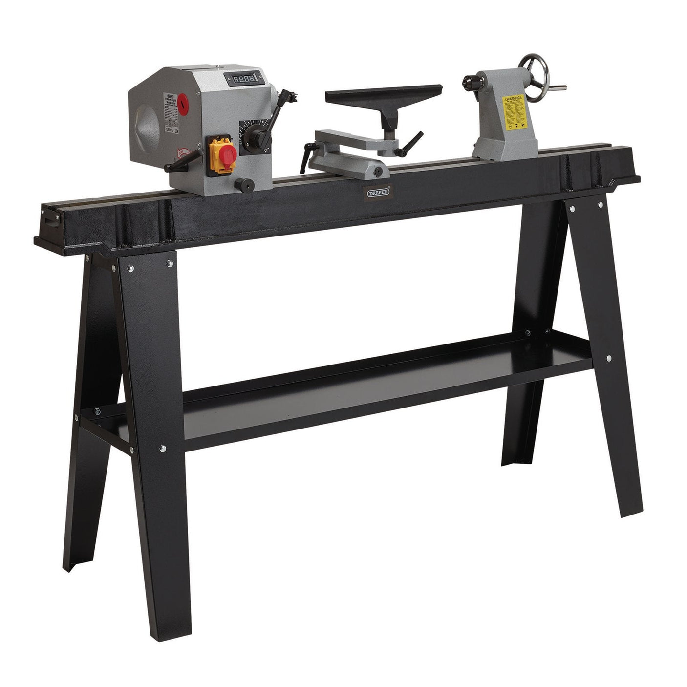 The Draper Variable Speed Wood Lathe With Digital Display, 750W - WTL1100, in a sleek black and silver design, includes a stand with an additional shelf beneath it. This woodturning machine features a control panel, tool rest, and spindle powered by a variable speed motor.