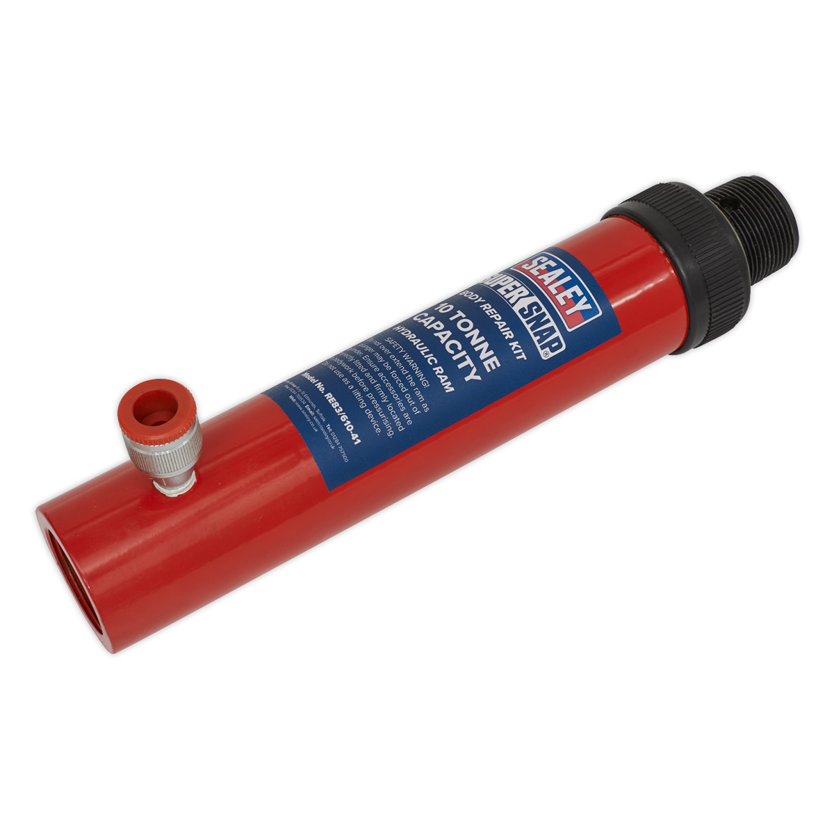 The Sealey Push Ram - 10tonne - 610/41 features a red hydraulic jack cylinder with a black threaded end and a small metal valve, making it ideal for heavy loads. The label displays "Sealey" along with the specifications and instructions. It is perfect for use in body repair kits.