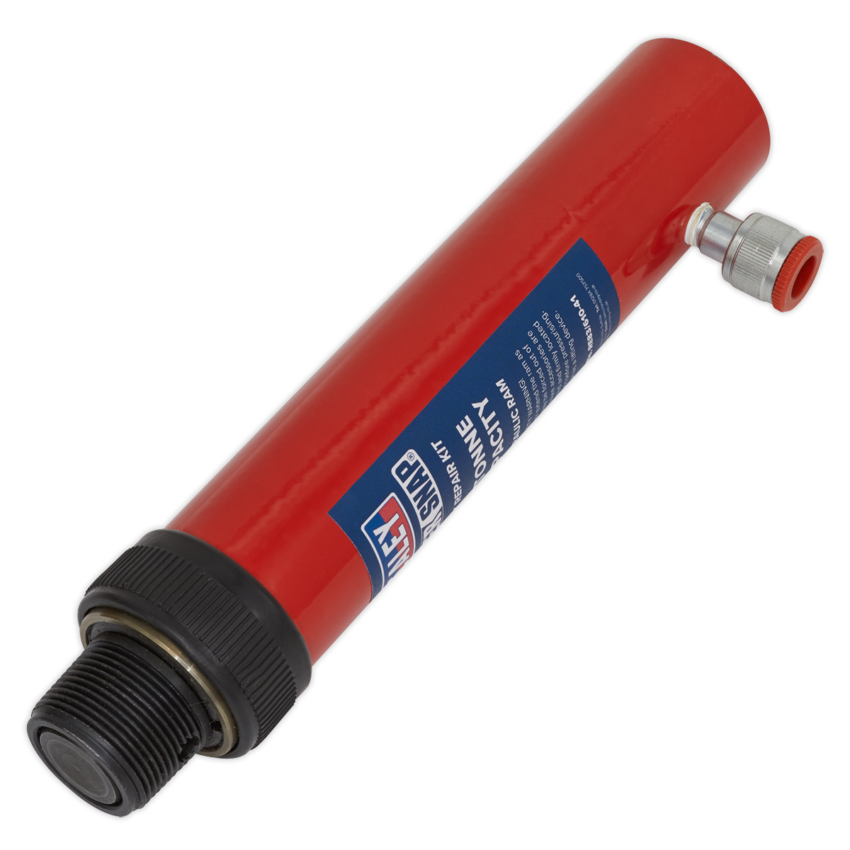 The Sealey Push Ram - 10 tonne - 610/41, features a red ATEM hydraulic cylinder with black fittings and a metal nozzle on the side, designed for heavy loads and body repair kits, shown against a plain white background.