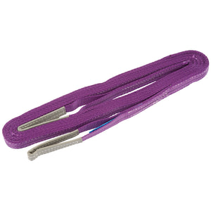 The Draper Load Sling Wide, 4M X 50mm, 1 Tonne - LS1425C is a purple coiled lifting sling with reinforced ends made from durable polyester webbing. It is ideal for securing and transporting heavy loads and features lifting eyes for added convenience.