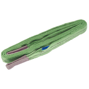 The Draper Wide Load Sling, 5M x 60mm, 2 Tonne - LS2550C is a folded green flat lifting sling made of durable polyester webbing, featuring grey reinforced lifting eyes at both ends for a secure and safe working load.