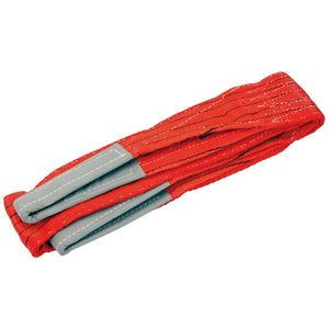 The Draper Wide Load Sling, 2M X 150mm, 5 Tonne - LS52100C is an orange and gray flat webbing lifting sling with reinforced loops. Made of durable polyester webbing and folded neatly, it adheres to BS EN1492 standards for a safe working load.