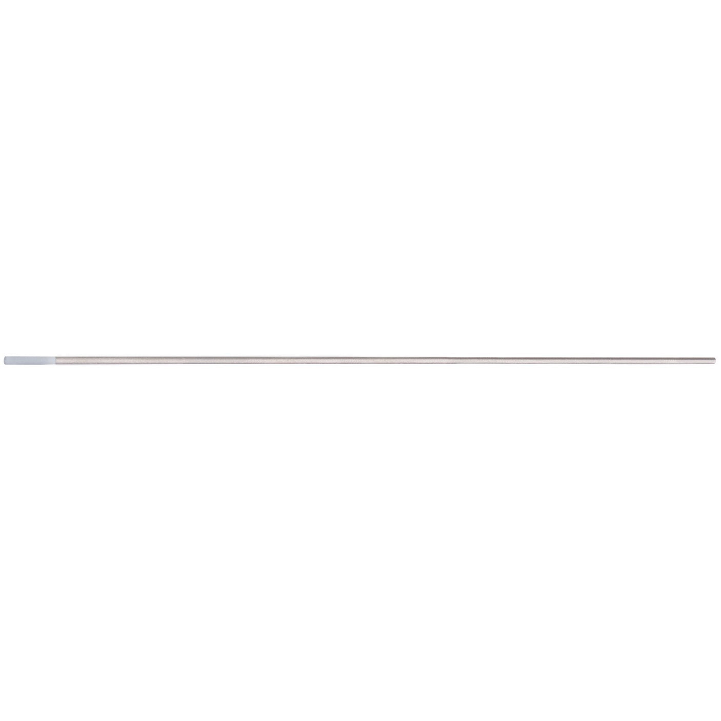 A long, thin, straight metallic rod with a small, light-colored segment at one end, often used as spare electrodes by TIG welders is the Draper Zirconiated Tungsten Electrode, 1.6 X 150mm - W630.