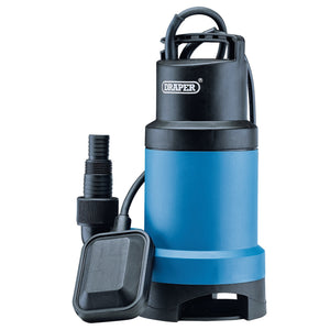 Introducing the Draper Submersible Dirty Water Pump With Float Switch, 166L/Min, 550W - SWP170DW, a reliable blue and black water pump from Draper that includes a float switch, power cord, and built-in thermal overload protection for enhanced safety.