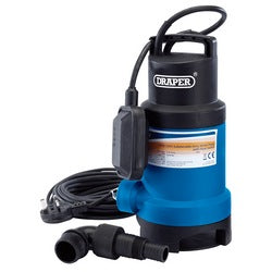 A Draper Submersible Dirty Water Pump With Float Switch, 200L/Min, 750W - SWP210DW in blue color, featuring a black cord and control unit as well as float switch technology, is supplied with additional black hose fittings.