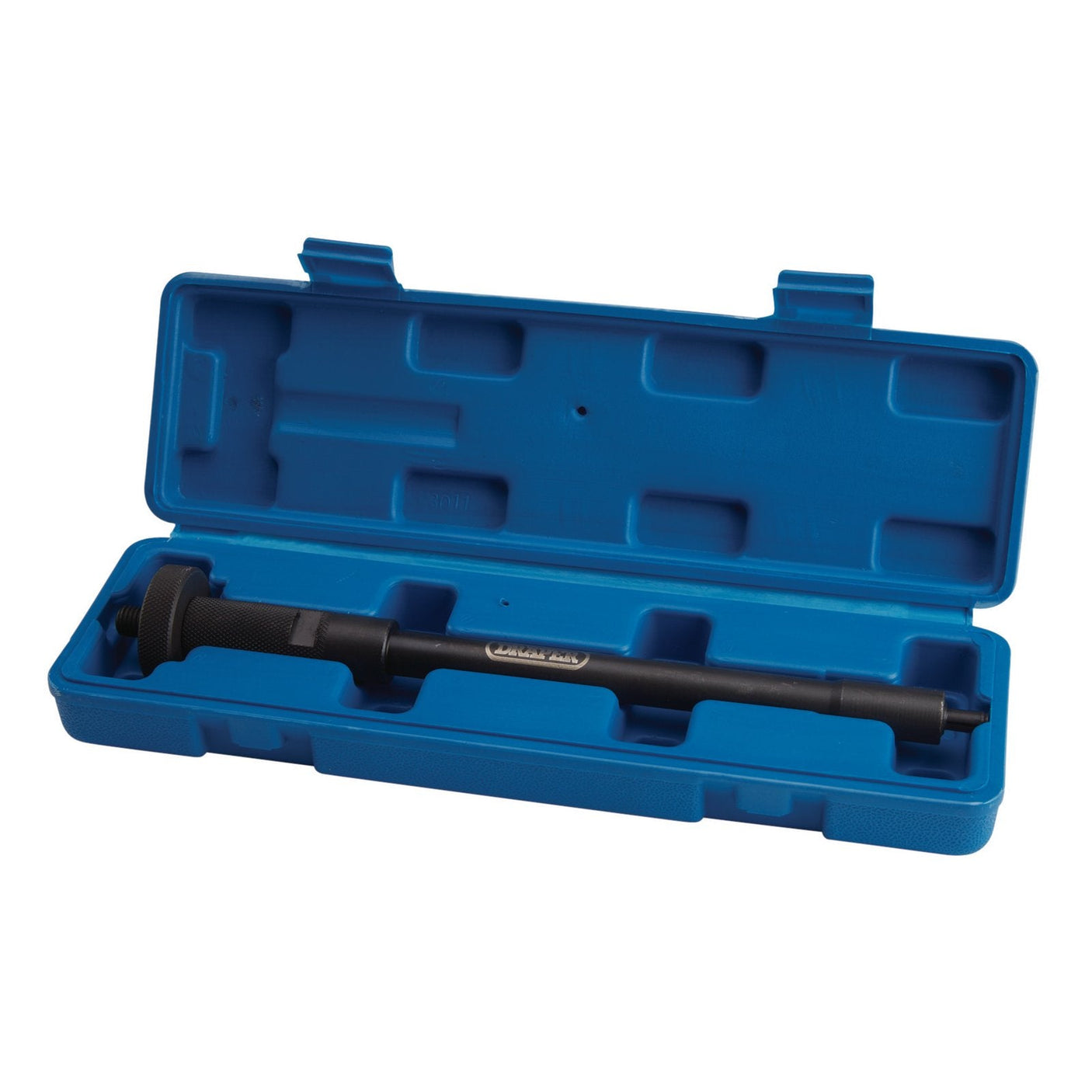 The Draper Injector Seal Removal Tool - DIWT, a heavy-duty black carbon steel cylindrical tool from the brand Draper, is placed inside a blue plastic carrying case with a hinged lid.