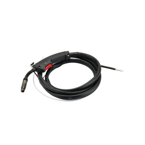 Introducing the Draper Direct Fit Mig Torch With Gas Hose, 160A - A-MTGG-DF by Draper. This coiled welding torch cable features a nozzle on one end and a metal connector on the other, complete with a black handle that has a red button.