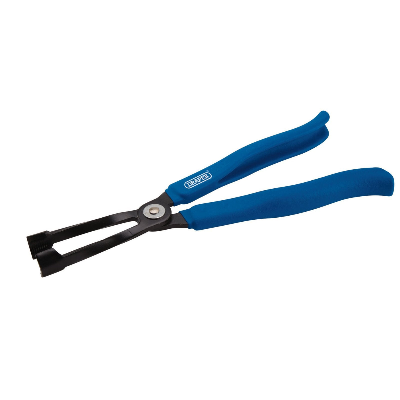 The Draper Valve Stem Seal Pliers, 270mm - VSSP, feature a blue handle and a metal clamp end, designed for gripping and removing hoses from engines. Constructed similarly to the 270mm valve pliers, it ensures a secure grip and efficient operation.