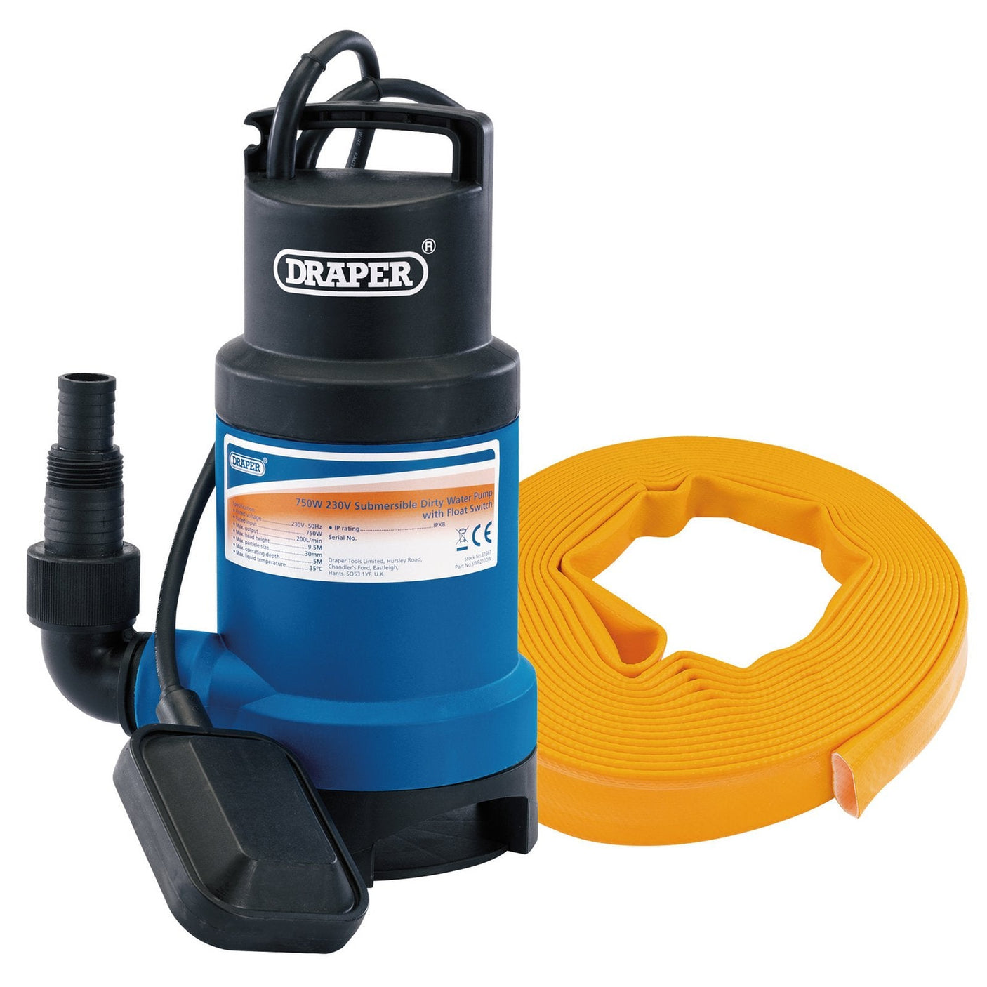 Draper Submersible Dirty Water Pump Kit With Layflat Hose & Adaptor, 200L/Min, 10M X 25mm, 350W - PTK/SUB1 - Farming Parts