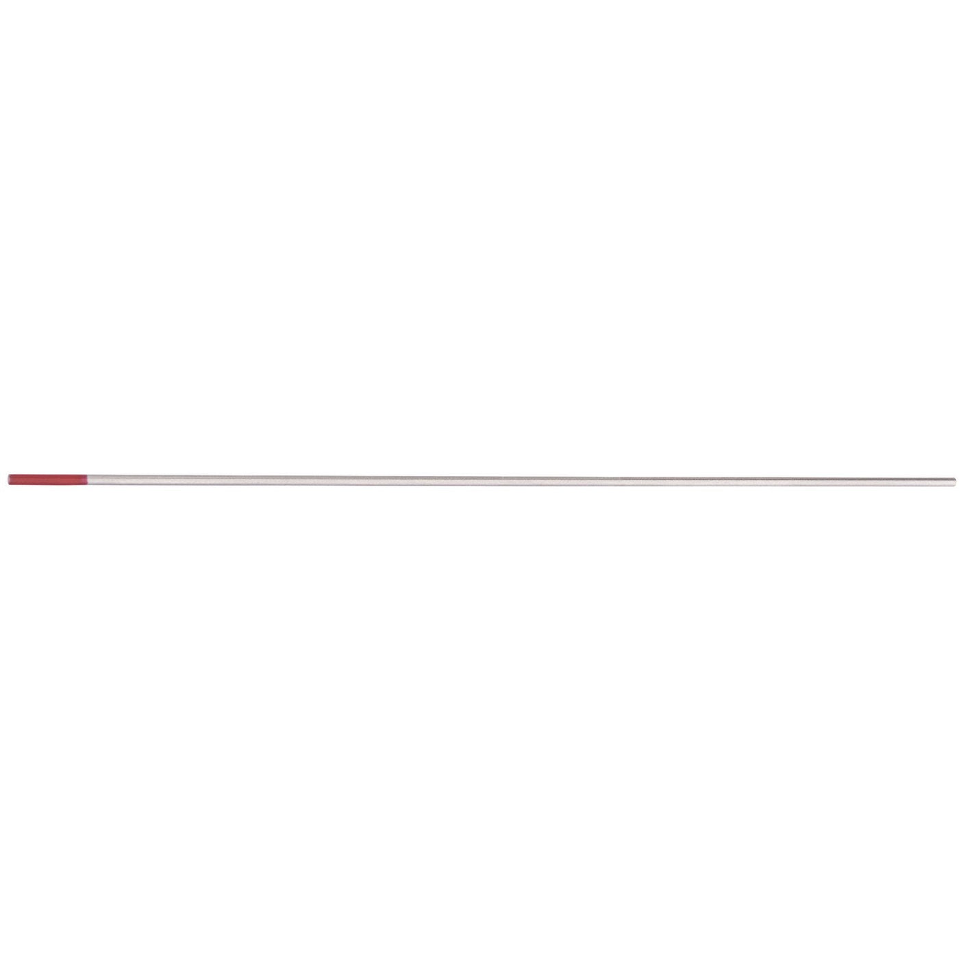 The Draper Thoriated Tungsten Electrode, 1.6 X 150mm - W639, is a long, thin metal rod with a red tip on one end, making it ideal for TIG welders and easy to identify due to its color coding.