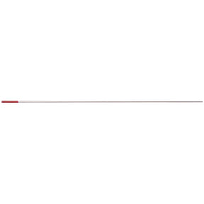 The Draper Thoriated Tungsten Electrode, 1.6 X 150mm - W639, is a long, thin metal rod with a red tip on one end, making it ideal for TIG welders and easy to identify due to its color coding.