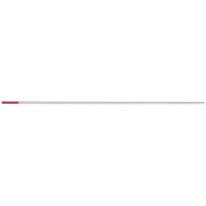 The Draper Thoriated Tungsten Electrode, 1.6 X 150mm - W639, is a long, thin metal rod with a red tip on one end, making it ideal for TIG welders and easy to identify due to its color coding.