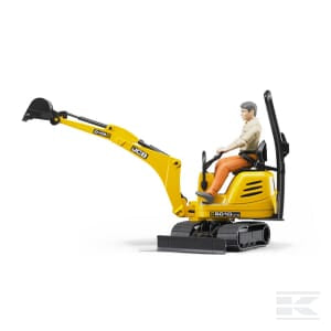 Experience the Bruder JCB micro digger with worker (U62002), a detailed model in 1:16 scale featuring a male figure in the driver's seat, black tracks, and a yellow arm with a bucket.