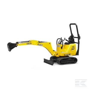 A compact, yellow Bruder JCB 8010 CTS micro digger (U62003) with a black bucket attachment and caterpillar tracks, set against a white background.