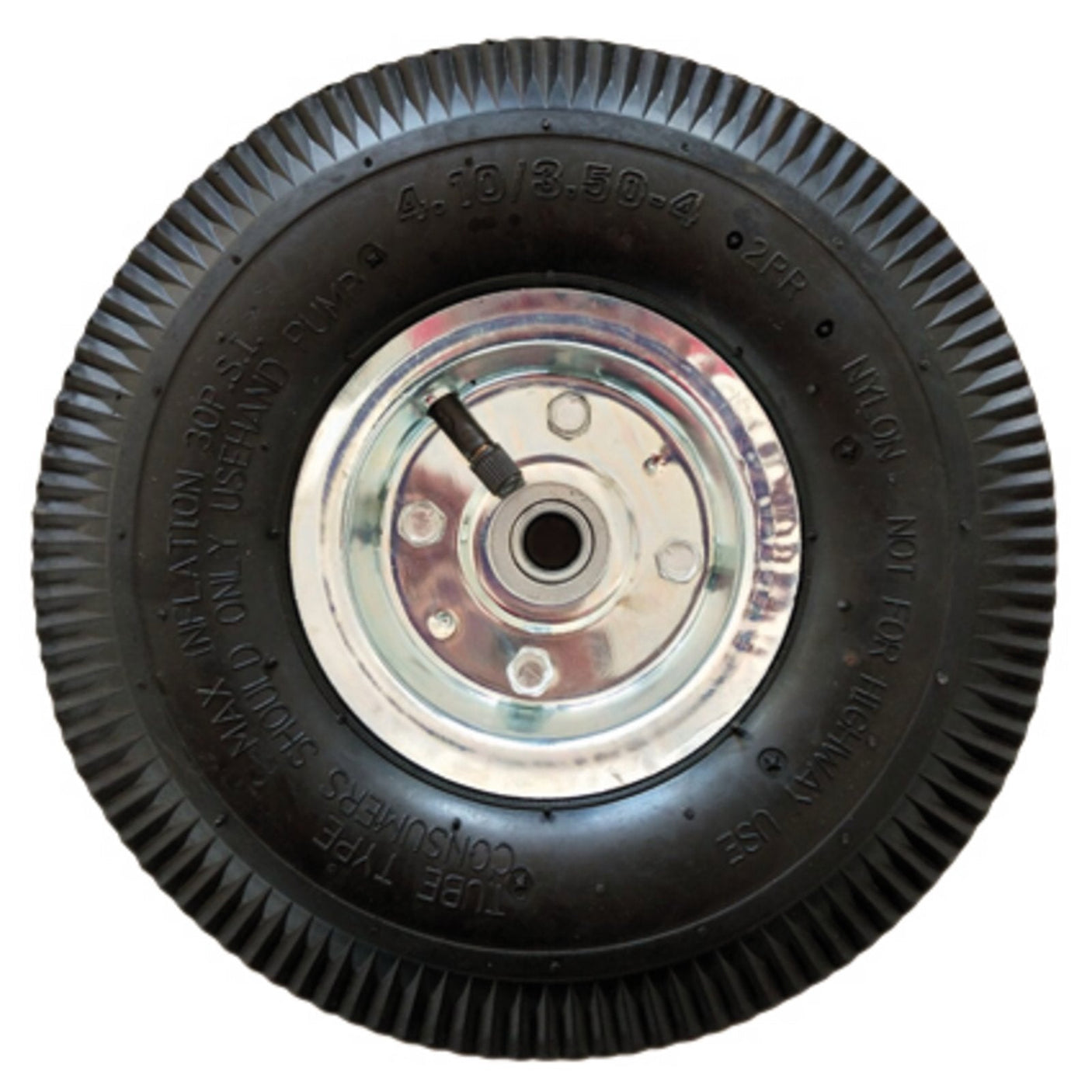 Close-up of a Draper Spare Wheel For Stock No: 85670 - YDST5, featuring a black rubber tire with a metal wheel hub. The tire displays embossed text indicating size and usage instructions, with a visible valve stem near the center.