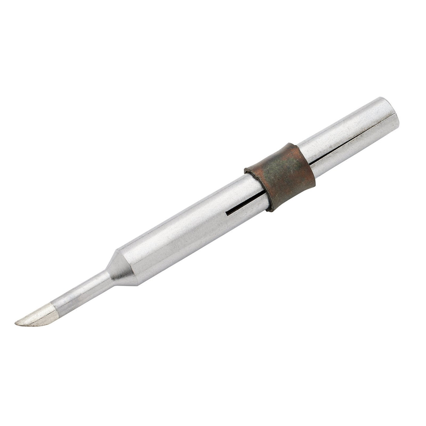 A Draper medium soldering iron tip for model 62075, with a pointed end and cylindrical body, features a darker, worn section in the middle.