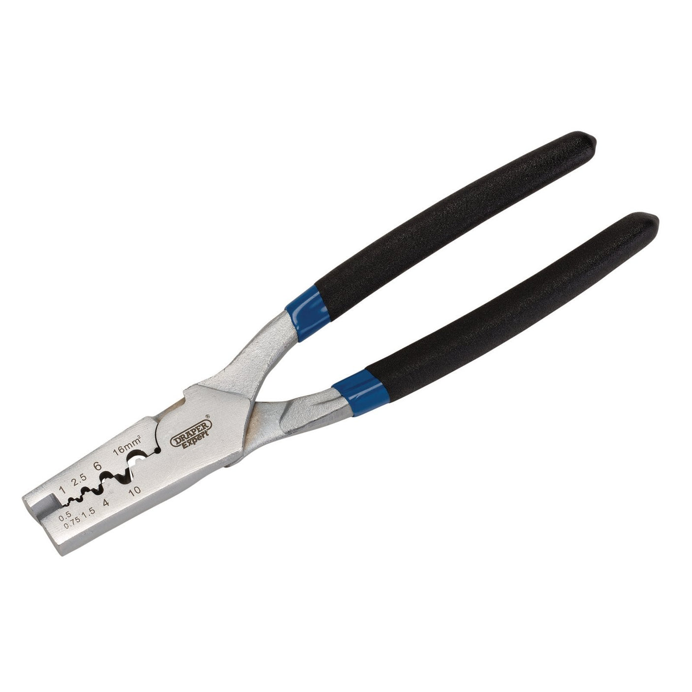 The Draper 9 Way Crimping Plier Ferrule Cable Wire Crimping Tool (190mm - CT9PRO) is a pair of silver and black crimping pliers, perfect for automotive and electrical applications, with measurement markings on the chrome vanadium steel section near the gripping handles.