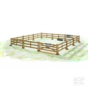 A scale 1:16 square wooden fence enclosure on a grassy area, featuring gates and posts, perfect for children aged 4 years and up. Introducing the "Brown Paddock Fence - U62604" by Bruder.