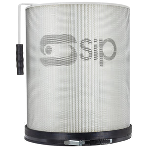 A cylindrical SIP - 1µm Filtration Cartridge for 01969 / 01990 with a mesh exterior and handle on the side. The word "SIP" is printed on the mesh surface, indicating its compatibility with SIP Dust Collectors (SIP-62605).