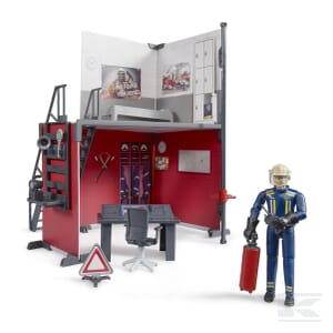 The Bruder bworld Fire station with fireman - U62702 is a detailed miniature firehouse set featuring a firefighter figure equipped with gear. The setup includes a desk, chair, tools, and a sign, all arranged against a vibrant red and grey backdrop. Adding to the scene's realism is a scale 1:16 Landrover parked outside the firehouse.